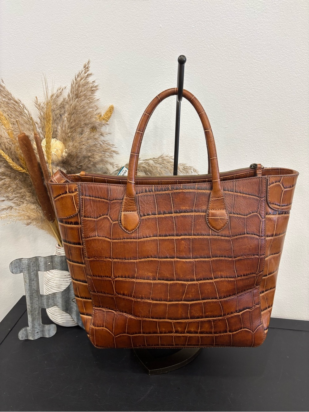 Mark & Graham Cognac Croc-Embossed Shoulder Tote